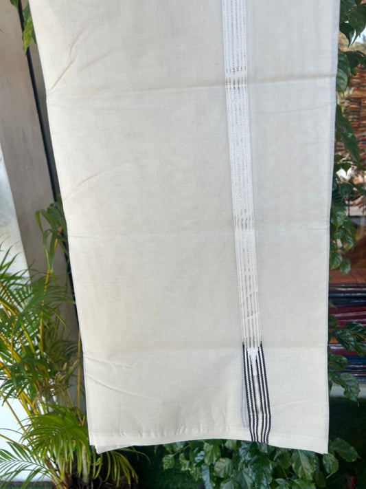 21% Discount! KaithariKada Balaramapuram 100% Cotton Off White - (Unbleached) - Double Mundu/Dhoti-100x100 - 0.75 inch 6 line Puliyilakkara Black & Silver Kasavu Chutty Kara - 4KK5179ASH