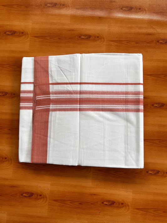 Double Pure White Mundu/Dhoti -20% Discount! KaithariKada 100% Cotton - 100x80 - 1.5 Inch Burnt Peach Shaded Striped Kara - 3.80 mtr (8 muzham) - 15 KK5519 PMC