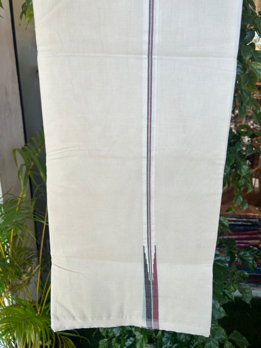 ADMK VESTHI 22% DISCOUNT ! KaithariKada Balaramapuram 100% COTTON DOUBLE OFF WHITE (Unbleached) Mundu/Dhoti-100X100- 0.5 Inch  Puliyilakkara Maroon & Black Chutty Kara - 3KK5179ASH
