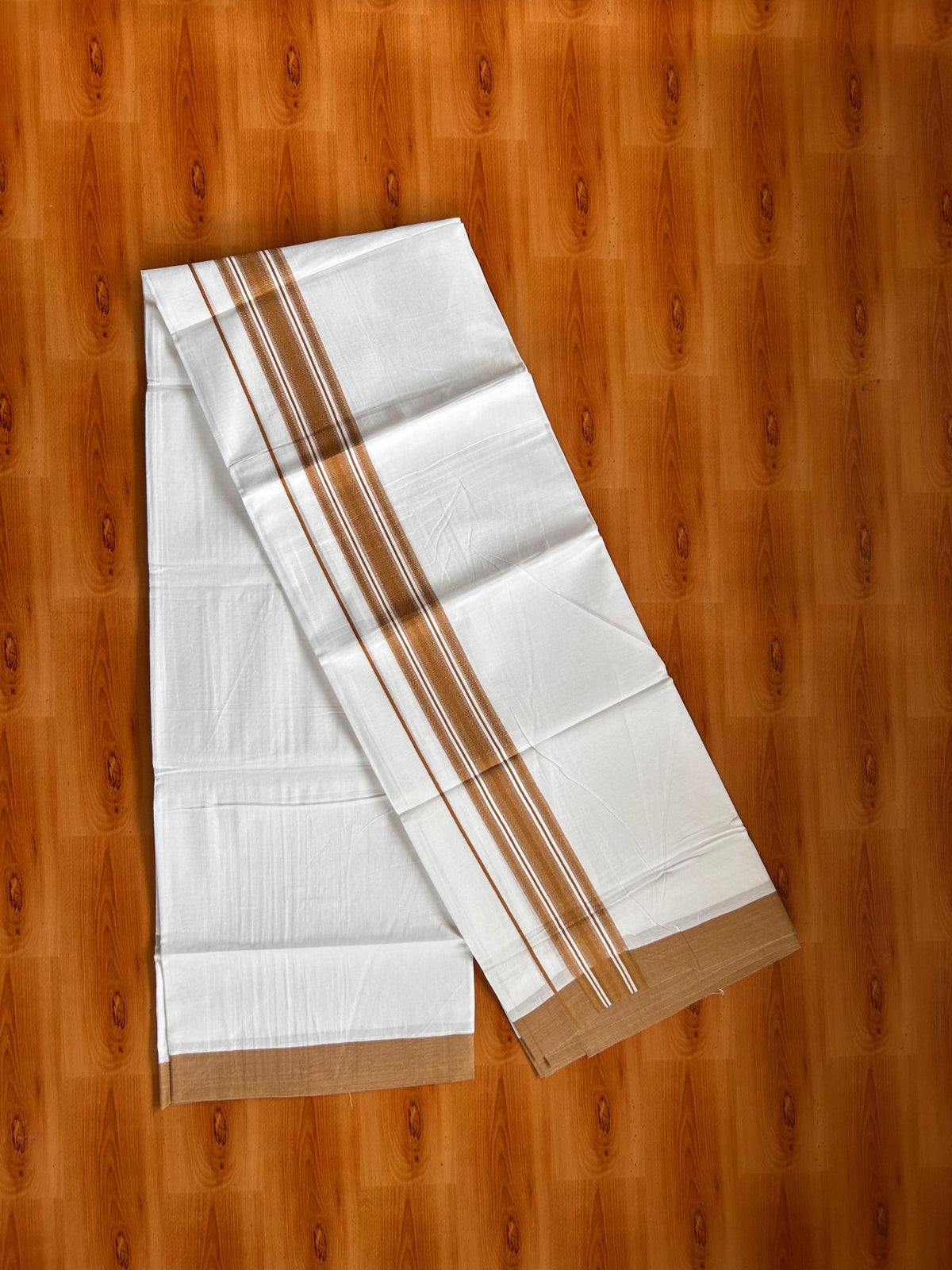 Double Pure White Mundu/Dhoti -20% Discount! KaithariKada 100% Cotton - 100x80 - 1.75 Inch Light Brown Shaded Striped Kara - 3.80 mtr (8 muzham) - 16 KK5519 PMC