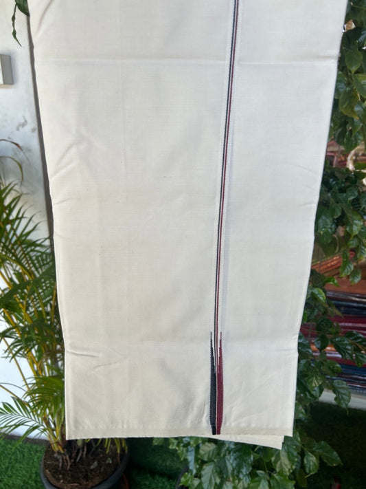 ADMK VESTHI 29% DISCOUNT ! KaithariKada Balaramapuram 100% COTTON SINGLE OFF WHITE (Unbleached) Mundu/Dhoti-100X100- 1 cm  Puliyilakkara Maroon & Black Chutty Kara (2 metre - 4 muzham) - 10KK5179ASH