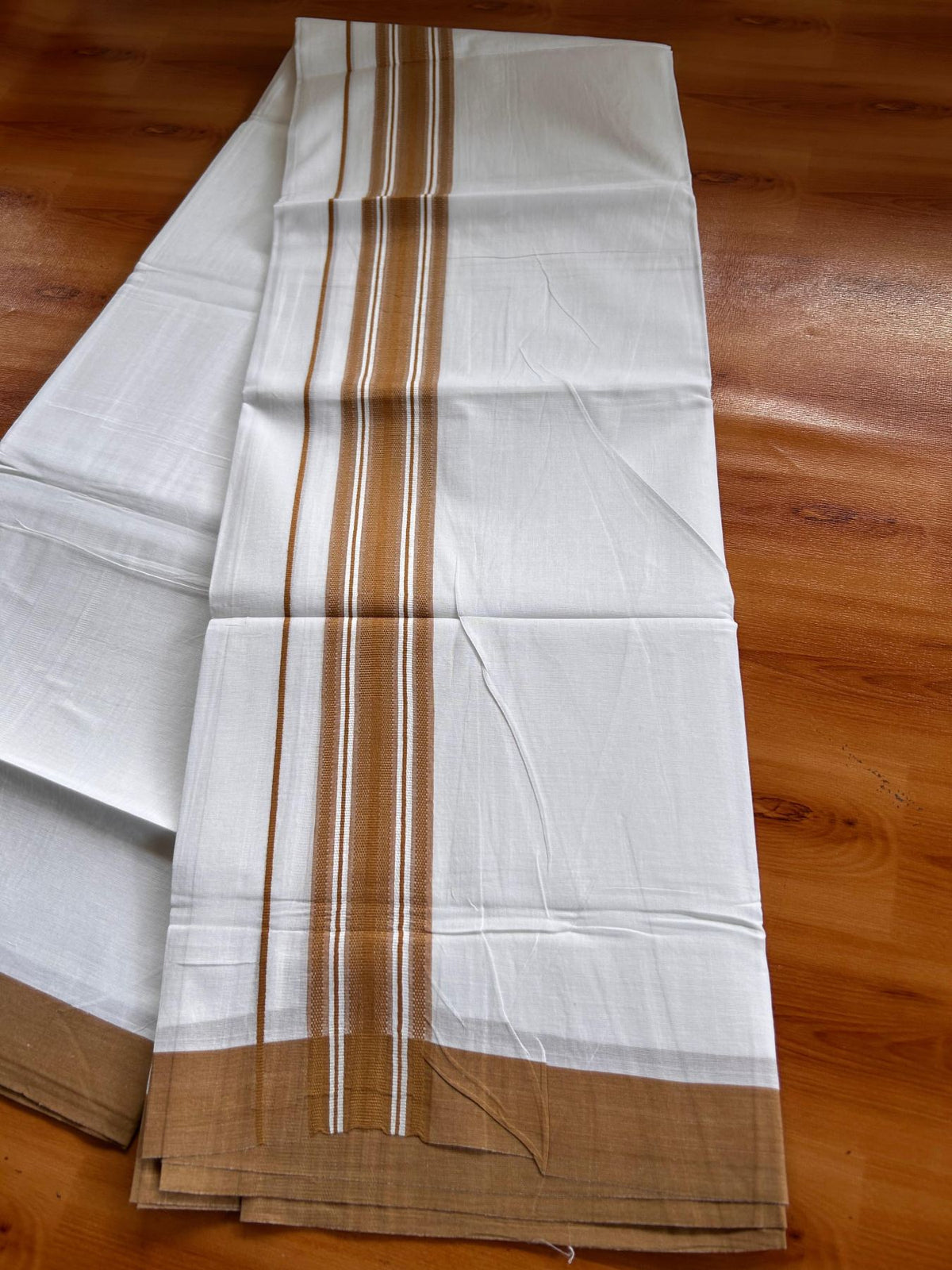 Double Pure White Mundu/Dhoti -20% Discount! KaithariKada 100% Cotton - 100x80 - 1.75 Inch Light Brown Shaded Striped Kara - 3.80 mtr (8 muzham) - 16 KK5519 PMC