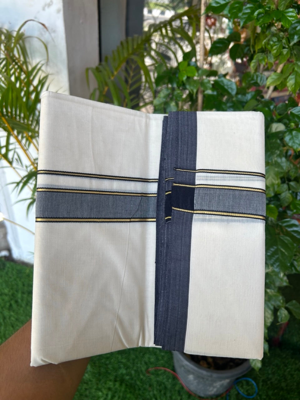 SHORT DHOTI SPECIAL! Kaitharikada.com 30% DISCOUNT! KaithariKada Balaramapuram 100% Cotton  Off white (Unbleached) Double Mundu/Dhoti-100x100 - 1.25 inch Kara & 46 inches Height Navy Blue & Kasavu Striped Kara- 9KK5179ASH