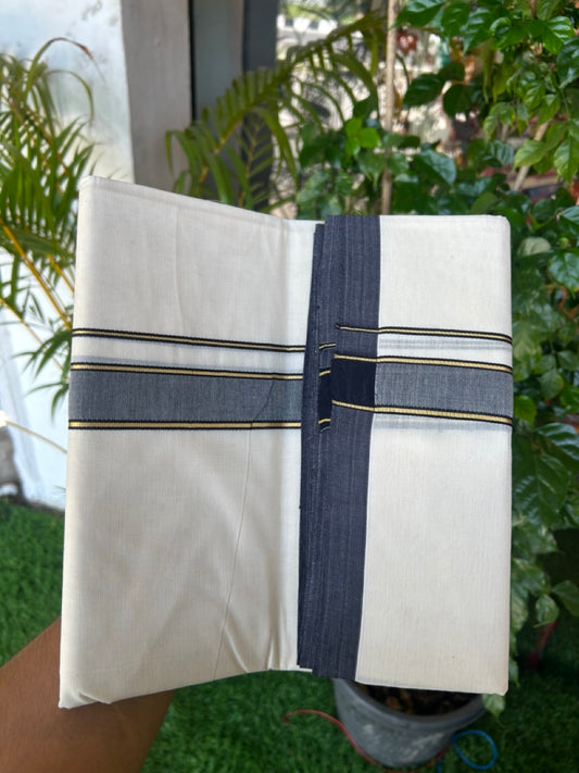 SHORT DHOTI SPECIAL! Kaitharikada.com 30% DISCOUNT! KaithariKada Balaramapuram 100% Cotton  Off white (Unbleached) Double Mundu/Dhoti-100x100 - 1.25 inch Kara & 46 inches Height Navy Blue & Kasavu Striped Kara- 9KK5179ASH