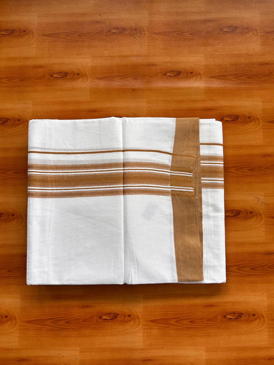 Double Pure White Mundu/Dhoti -20% Discount! KaithariKada 100% Cotton - 100x80 - 1.75 Inch Light Brown Shaded Striped Kara - 3.80 mtr (8 muzham) - 16 KK5519 PMC
