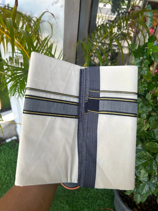 SHORT DHOTI SPECIAL! Kaitharikada.com 30% DISCOUNT! KaithariKada Balaramapuram 100% Cotton  Off white (Unbleached) Double Mundu/Dhoti-100x100 - 1.5 inch Kara & 46 inches Height Navy Blue & Kasavu Striped Kara- 8KK5179ASH