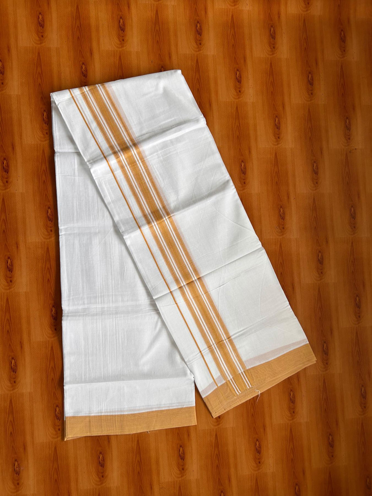 Double Pure White Mundu/Dhoti -20% Discount! KaithariKada 100% Cotton - 100x80 - 1.75 Inch Pastel Orange Shaded Striped Kara - 3.80 mtr (8 muzham) - 17 KK5519 PMC