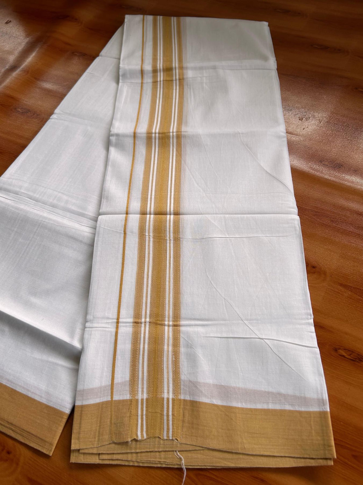 Double Pure White Mundu/Dhoti -20% Discount! KaithariKada 100% Cotton - 100x80 - 1.75 Inch Pastel Orange Shaded Striped Kara - 3.80 mtr (8 muzham) - 17 KK5519 PMC
