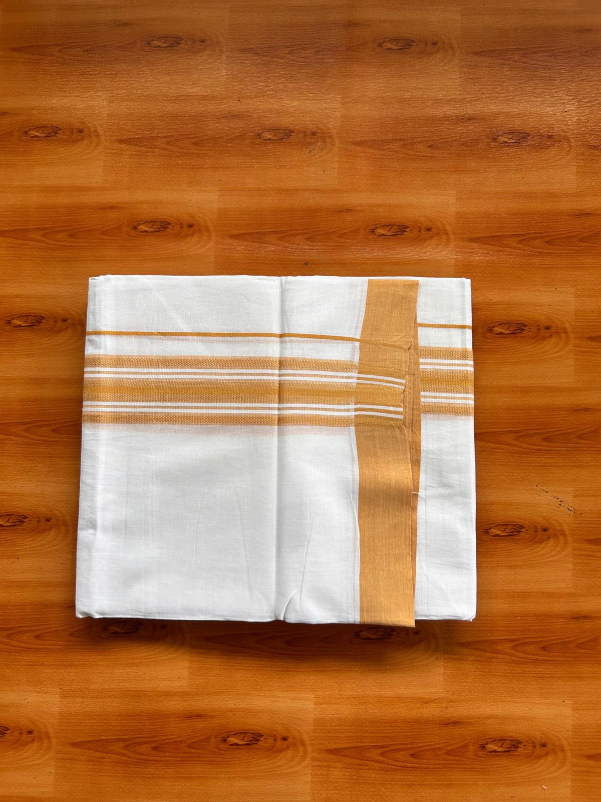 Double Pure White Mundu/Dhoti -20% Discount! KaithariKada 100% Cotton - 100x80 - 1.75 Inch Pastel Orange Shaded Striped Kara - 3.80 mtr (8 muzham) - 17 KK5519 PMC