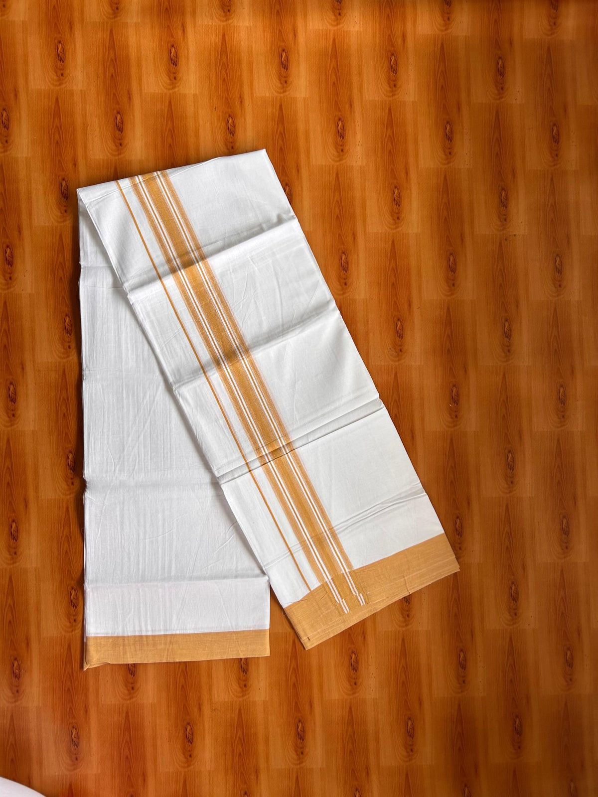 Double Pure White Mundu/Dhoti -20% Discount! KaithariKada 100% Cotton - 100x80 - 1.75 Inch Pastel Orange Shaded Striped Kara - 3.80 mtr (8 muzham) - 18 KK5519 PMC