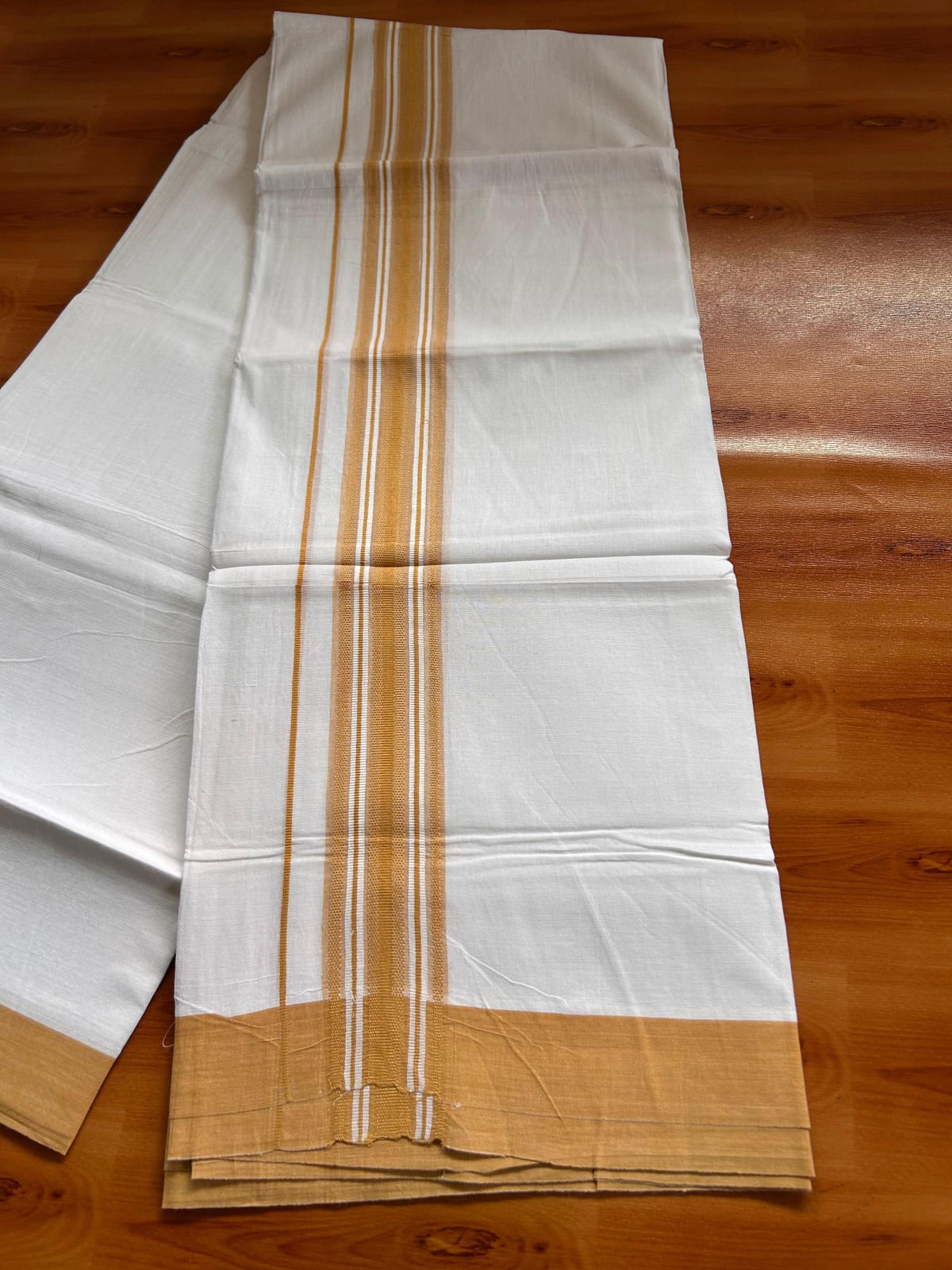 Double Pure White Mundu/Dhoti -20% Discount! KaithariKada 100% Cotton - 100x80 - 1.75 Inch Pastel Orange Shaded Striped Kara - 3.80 mtr (8 muzham) - 18 KK5519 PMC