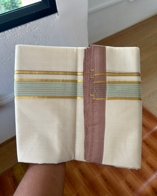 25% Discount ! KaithariKada Handloom Unakkupaav - Kerala Handloom - 100% Pure Cotton Off White (Unbleached) Double Mundu/Dhoti - 100x80 - 1.5 inch Gold Kasav & Light Green & Peanut Brown striped Kara 4 mtr (8.5 Muzham) - 59 KK5380 SOM