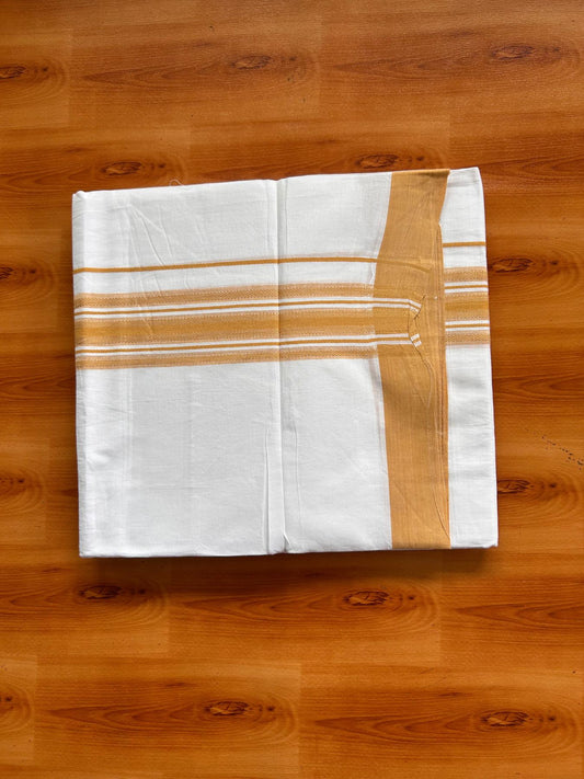 Double Pure White Mundu/Dhoti -20% Discount! KaithariKada 100% Cotton - 100x80 - 1.75 Inch Pastel Orange Shaded Striped Kara - 3.80 mtr (8 muzham) - 18 KK5519 PMC