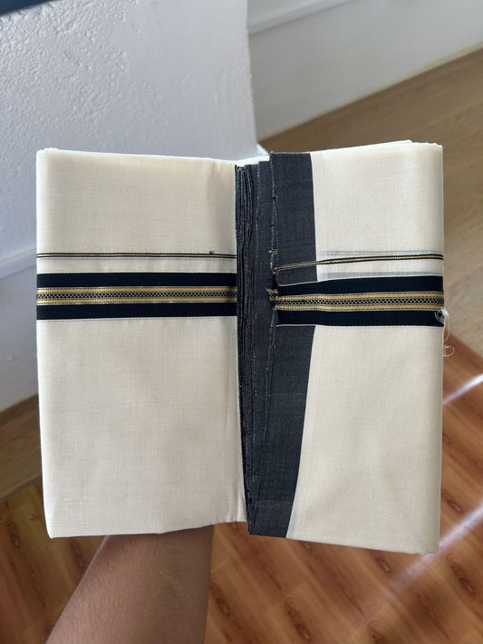 25% Discount ! KaithariKada Handloom Unakkupaav - Kerala Handloom - 100% Pure Cotton Off White (Unbleached) Double Mundu/Dhoti - 100x80 - 1.25 inch Silver Kasav & Gold Kasav & Black Muthukuri stripes design Kara 4 mtr (8.5 Muzham) - 61 KK5380 SOM