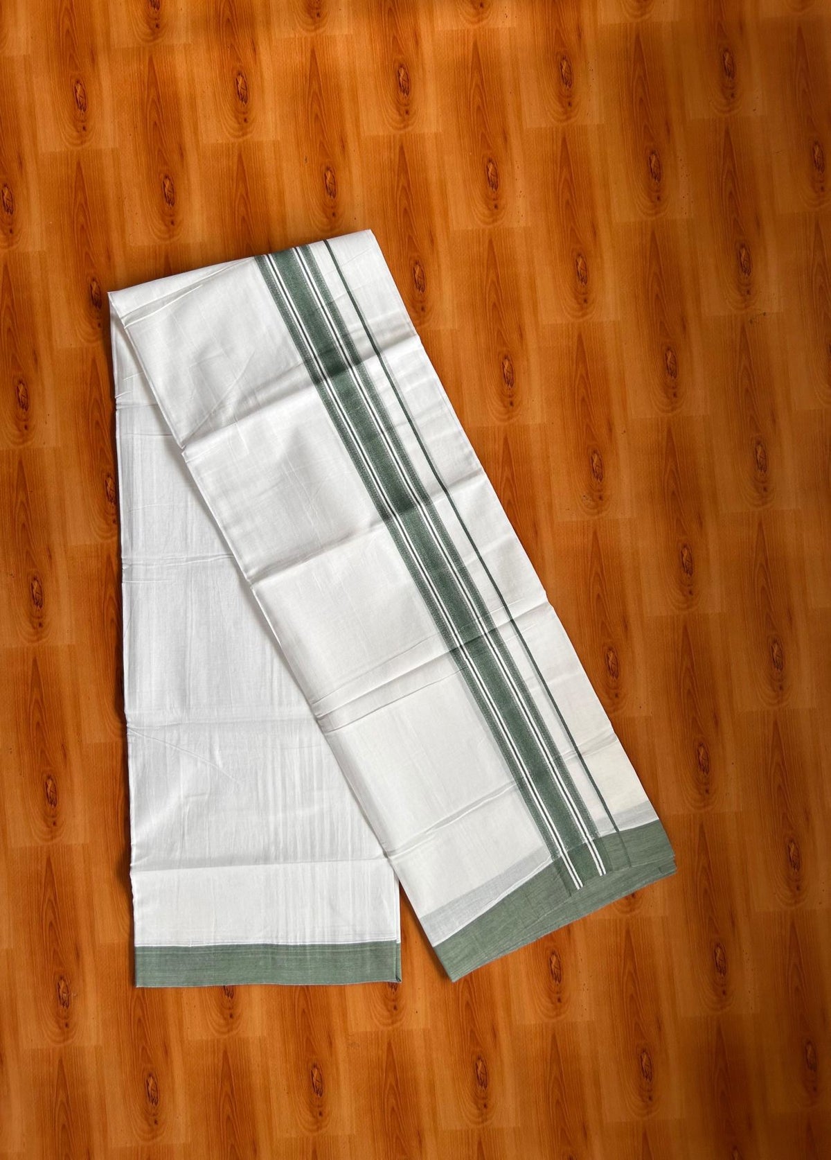 Double Pure White Mundu/Dhoti -20% Discount! KaithariKada 100% Cotton - 100x80 - 1.75 Inch Sea Green Shaded Striped Kara - 3.80 mtr (8 muzham) - 19 KK5519 PMC