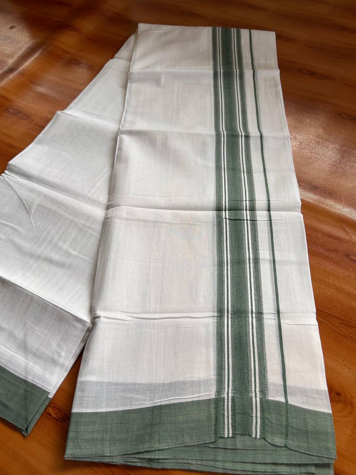 Double Pure White Mundu/Dhoti -20% Discount! KaithariKada 100% Cotton - 100x80 - 1.75 Inch Sea Green Shaded Striped Kara - 3.80 mtr (8 muzham) - 19 KK5519 PMC