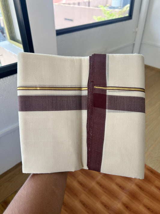 25% Discount ! KaithariKada Handloom Unakkupaav Kerala Handloom - 100% Pure Cotton Off White (Unbleached) Double Mundu/Dhoti - 100x80 - 1.25 inch Gold Kasav & Dark Brown Shaded Kara 3.80 mtr (8 Muzham) - 66 KK5380 SOM