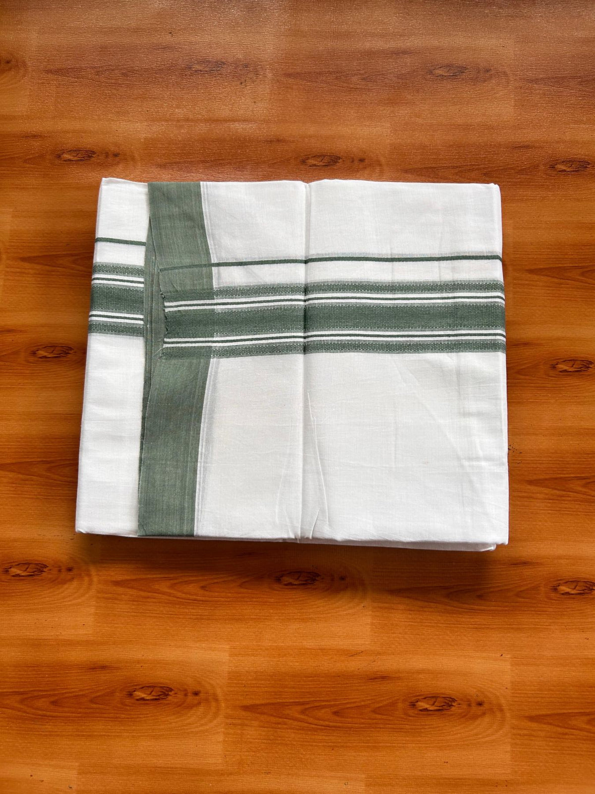Double Pure White Mundu/Dhoti -20% Discount! KaithariKada 100% Cotton - 100x80 - 1.75 Inch Sea Green Shaded Striped Kara - 3.80 mtr (8 muzham) - 19 KK5519 PMC