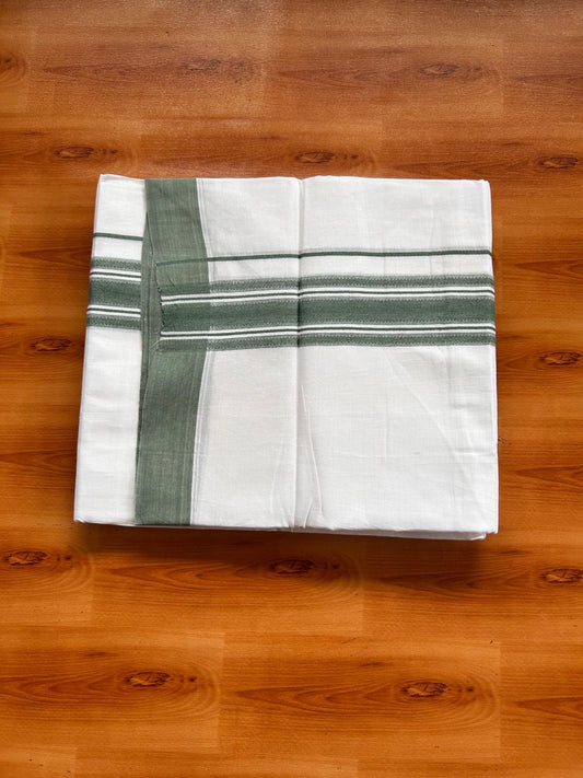 Double Pure White Mundu/Dhoti -20% Discount! KaithariKada 100% Cotton - 100x80 - 1.75 Inch Sea Green Shaded Striped Kara - 3.80 mtr (8 muzham) - 19 KK5519 PMC