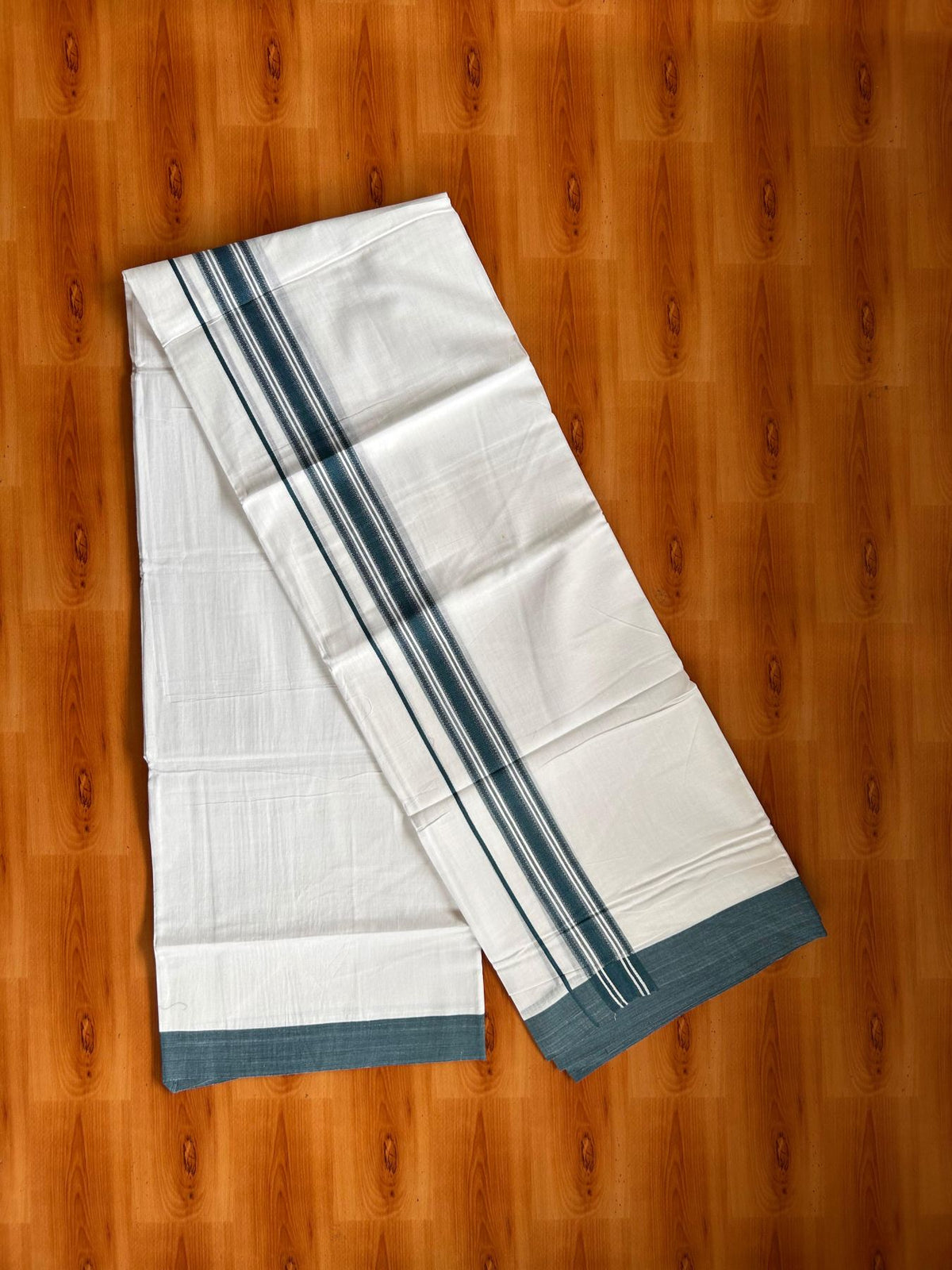 Double Pure White Mundu/Dhoti -20% Discount! KaithariKada 100% Cotton - 100x80 - 1.5 Inch Light Peacock Blue Shaded Striped Kara - 3.80 mtr (8 muzham) - 20 KK5519 PMC