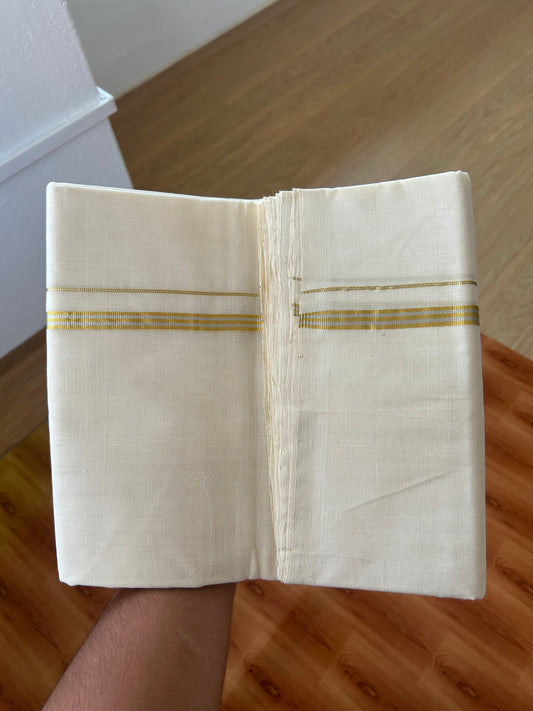 25% Discount! KaithariKada Kerala Handloom Unakkupaav - 100% Pure Cotton Off White (Unbleached) Double Mundu/Dhoti - 100X80 - 1cm Gold & Silver Striped Kasav Kara 4 mtr (8.5Muzham) - 54 KK5380 SOM