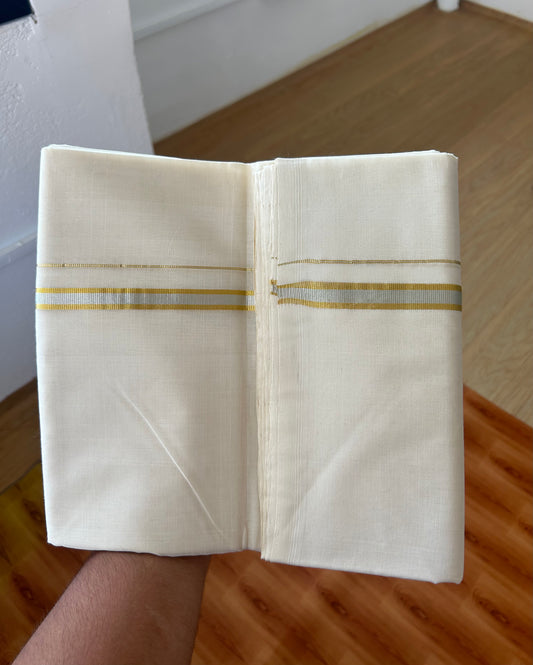 25% Discount! KaithariKada Kerala Handloom Unakkupaav - 100% Pure Cotton Off White (Unbleached) Double Mundu/Dhoti - 100X80 - 0.5 inch Gold & Silver Kasav Kara 4 mtr (8.5Muzham) - 53 KK5380 SOM