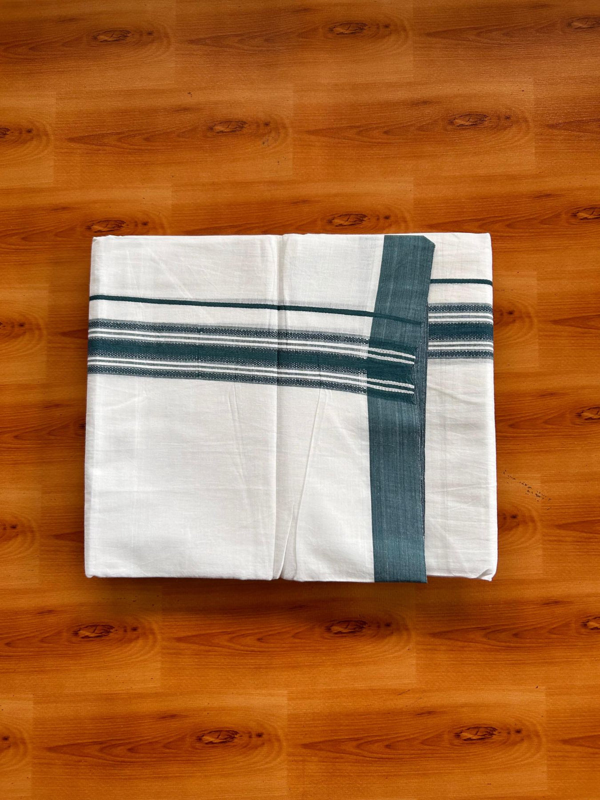 Double Pure White Mundu/Dhoti -20% Discount! KaithariKada 100% Cotton - 100x80 - 1.5 Inch Light Peacock Blue Shaded Striped Kara - 3.80 mtr (8 muzham) - 20 KK5519 PMC