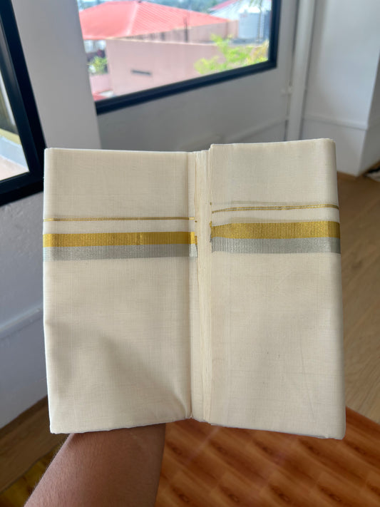 25% Discount! KaithariKada Kerala Handloom Unakkupaav - 100% Pure Cotton Off White (Unbleached) Double Mundu/Dhoti - 100X80 - 1 inch Gold & Silver Kasav Kara 4 mtr (8.5Muzham) - 52KK5380 SOM