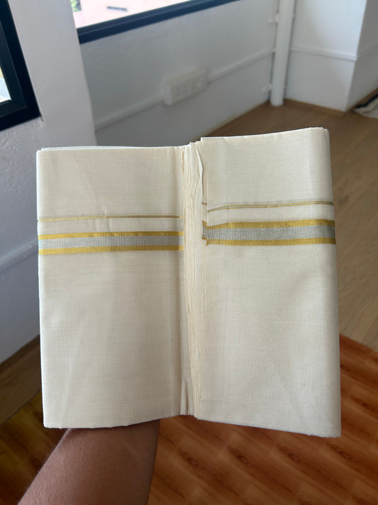 25% Discount! KaithariKada Kerala Handloom Unakkupaav- 100% Pure Cotton Off White (Unbleached) Double Mundu/Dhoti - 100X80 - 0.75cm Gold & Silver Kasav Kara 4m (8.5Muzham) - 51KK5380 SOM