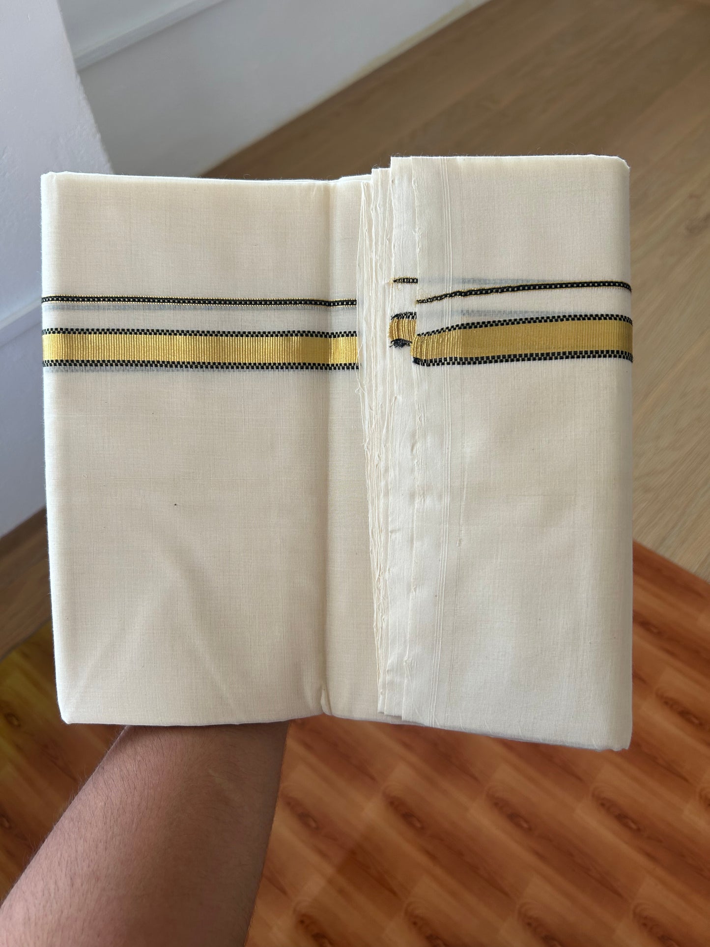 25% Discount ! KaithariKada Handloom Unakkupaav - Kerala Handloom - 100% Pure Cotton Off White Unbleached) Double Mundu/Dhoti - 100x80 - 0.5 Inch Gold Kasav & Black Muthukuri Kara 4 mtr (8.5 Muzham) - 82 KK5380 SOM