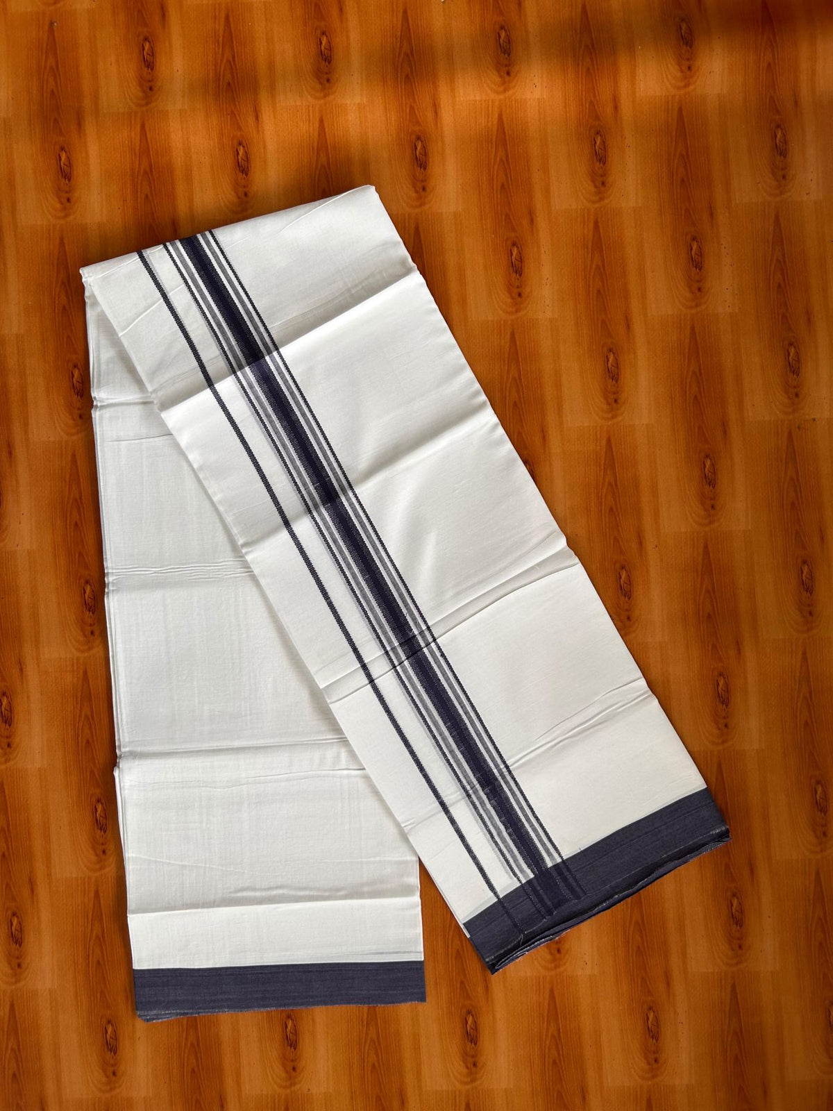 Double Pure White Mundu/Dhoti -20% Discount! KaithariKada 100% Cotton - 100x80 - 1.5 Inch Dark Blue Shaded Striped Kara - 3.80 mtr (8 muzham) - 21 KK5519 PMC