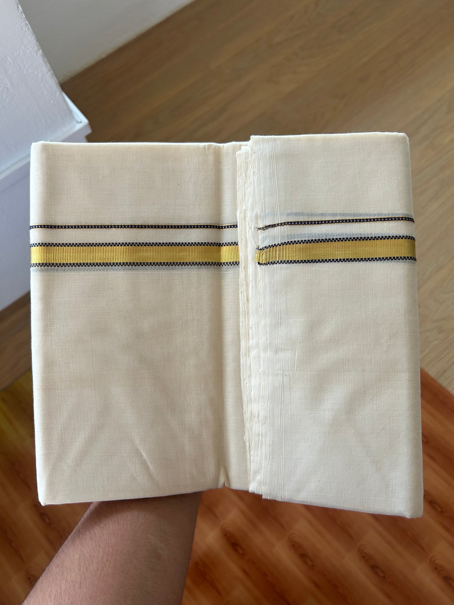 25% Discount ! KaithariKada Handloom Unakkupaav - Kerala Handloom - 100% Pure Cotton Off White Unbleached) Double Mundu/Dhoti - 100x80 - 0.5 Inch Gold Kasav & Navy Blue Muthukuri Kara 4 mtr (8.5 Muzham) - 84 KK5380 SOM