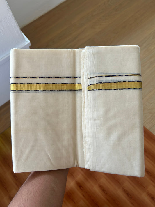 25% Discount ! KaithariKada Handloom Unakkupaav - Kerala Handloom - 100% Pure Cotton Off White Unbleached) Double Mundu/Dhoti - 100x80 - 0.5 Inch Gold Kasav & Navy Blue Muthukuri Kara 4 mtr (8.5 Muzham) - 84 KK5380 SOM