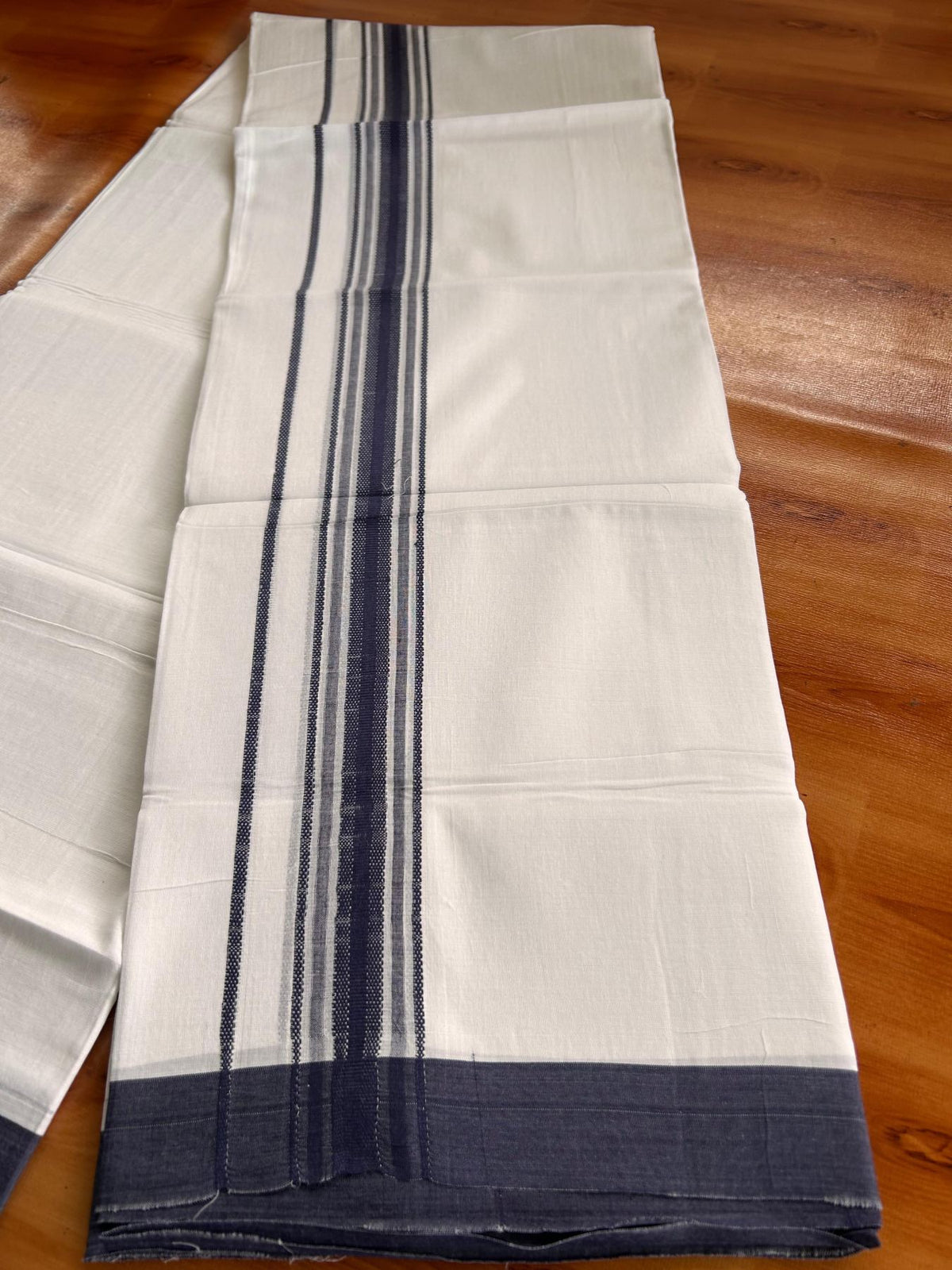 Double Pure White Mundu/Dhoti -20% Discount! KaithariKada 100% Cotton - 100x80 - 1.5 Inch Dark Blue Shaded Striped Kara - 3.80 mtr (8 muzham) - 21 KK5519 PMC