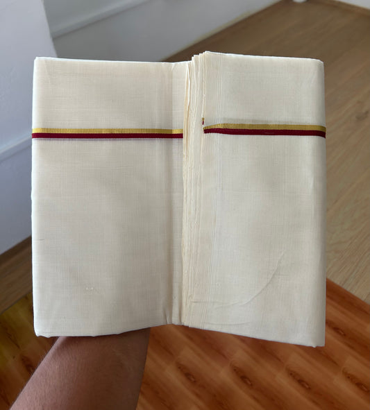 25% Discount ! KaithariKada Handloom Unakkupaav - Kerala Handloom - 100% Pure Cotton Off White Unbleached) Double Mundu/Dhoti - 100x80 - 1 cm Gold Kasav & Maroon Kara 4 mtr (8.5 Muzham) - 71 KK5380 SOM