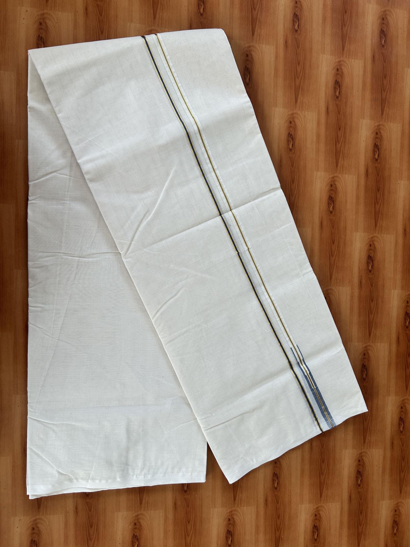 Double Off white Mundu/Dhoti - 20% Discount! KaithariKada 100% Cotton - 100x100 - 1 cm Puliyilakkara Gold Kasav & Ash Blue Chutty Kara 4 mtr (8.5 muzham) - 4 KK5453 ASH