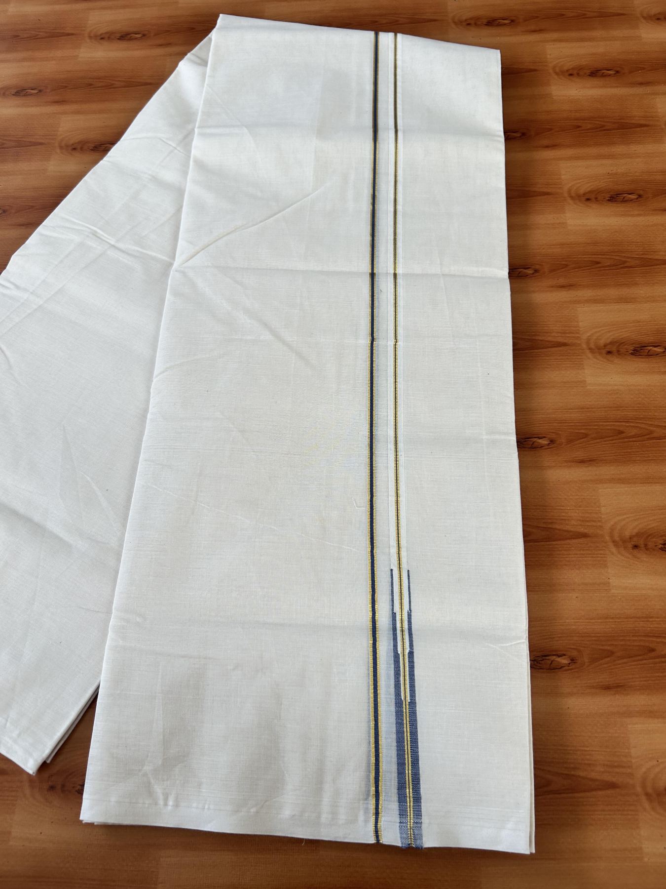 Double Off white Mundu/Dhoti - 20% Discount! KaithariKada 100% Cotton - 100x100 - 1 cm Puliyilakkara Gold Kasav & Ash Blue Chutty Kara 4 mtr (8.5 muzham) - 4 KK5453 ASH