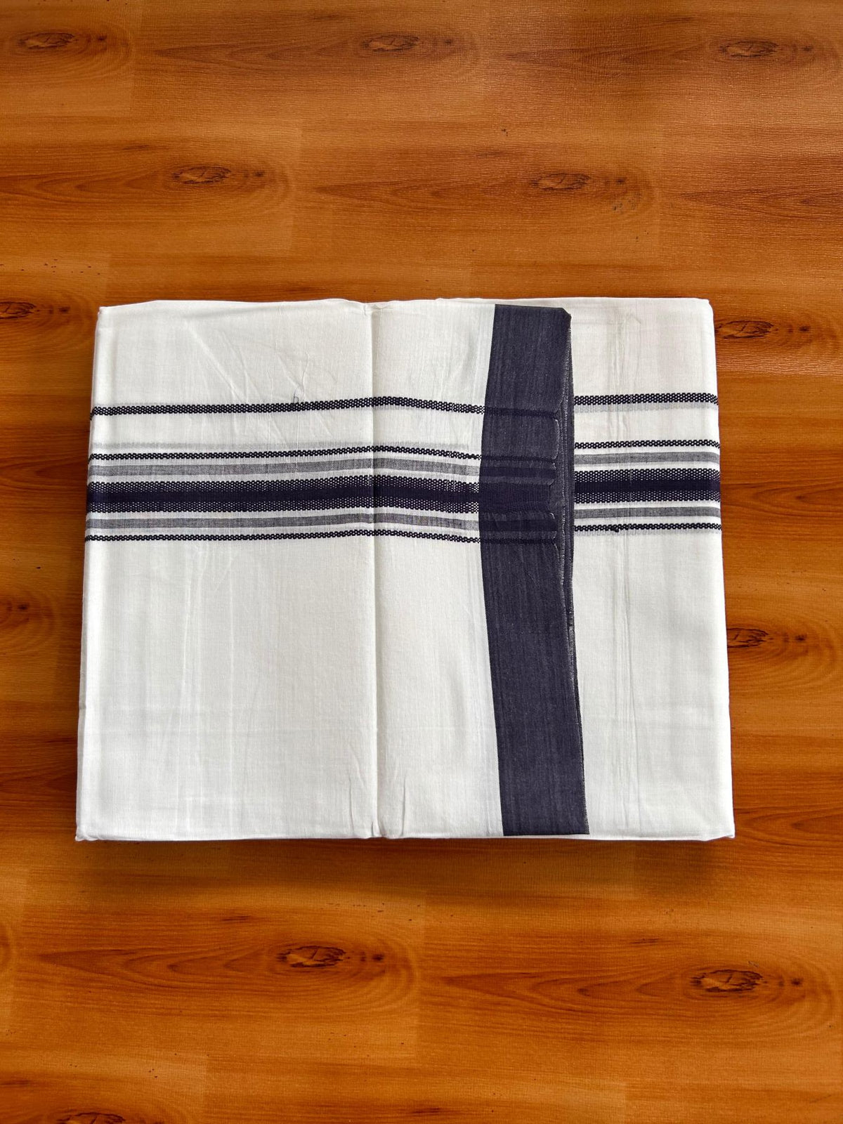 Double Pure White Mundu/Dhoti -20% Discount! KaithariKada 100% Cotton - 100x80 - 1.5 Inch Dark Blue Shaded Striped Kara - 3.80 mtr (8 muzham) - 21 KK5519 PMC