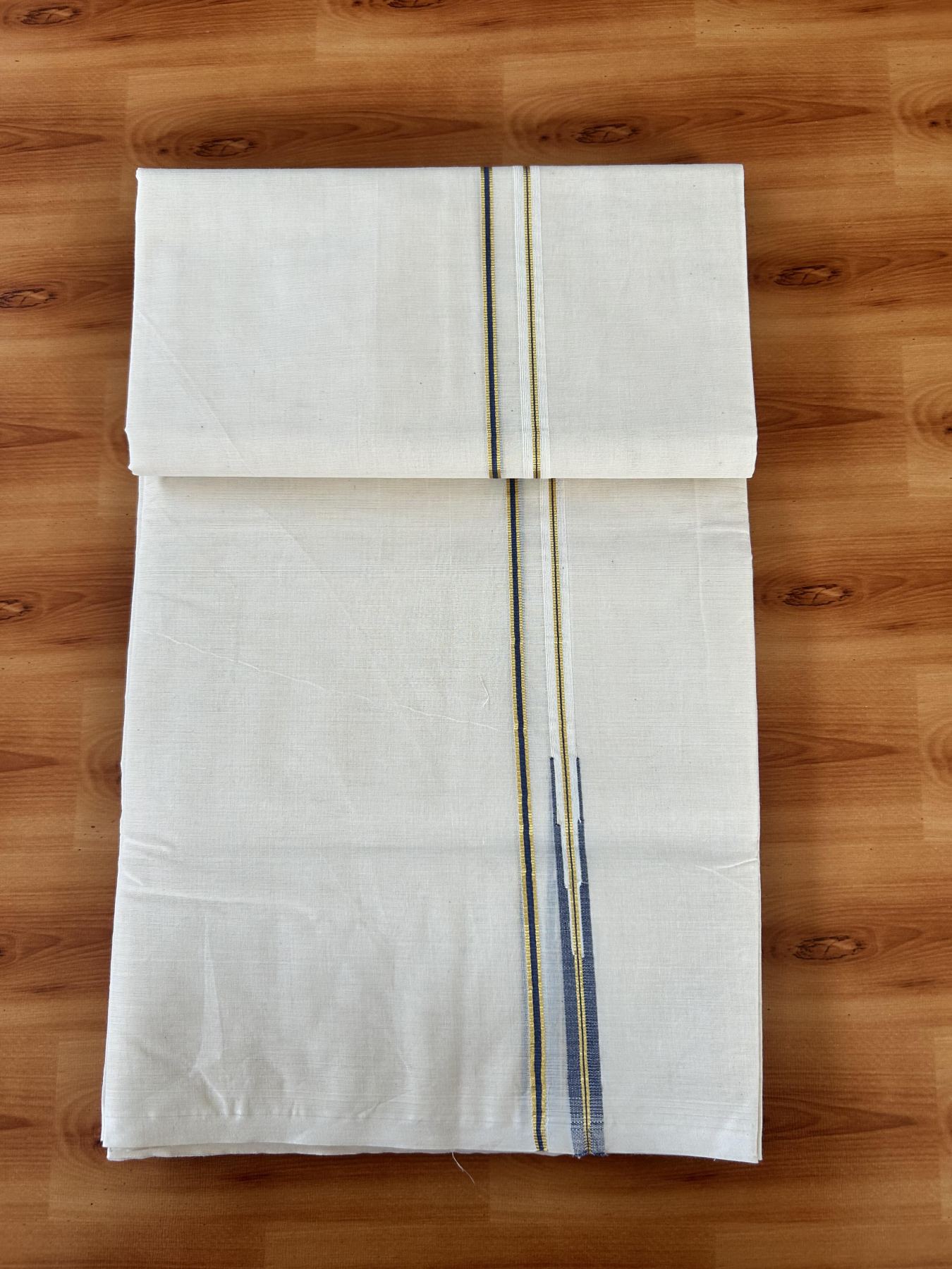 Double Off white Mundu/Dhoti - 20% Discount! KaithariKada 100% Cotton - 100x100 - 1 cm Puliyilakkara Gold Kasav & Ash Blue Chutty Kara 4 mtr (8.5 muzham) - 4 KK5453 ASH