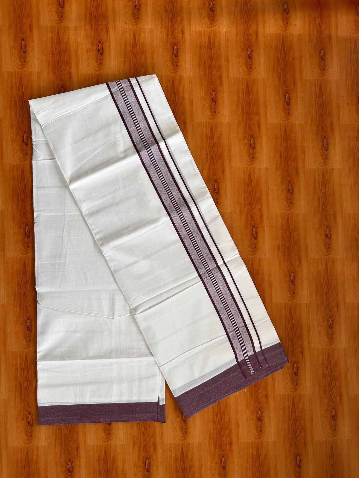 Double Pure White Mundu/Dhoti -20% Discount! KaithariKada 100% Cotton - 100x80 - 1.75 Inch Dark Purple Shaded Striped Kara - 3.80 mtr (8 muzham) - 22 KK5519 PMC