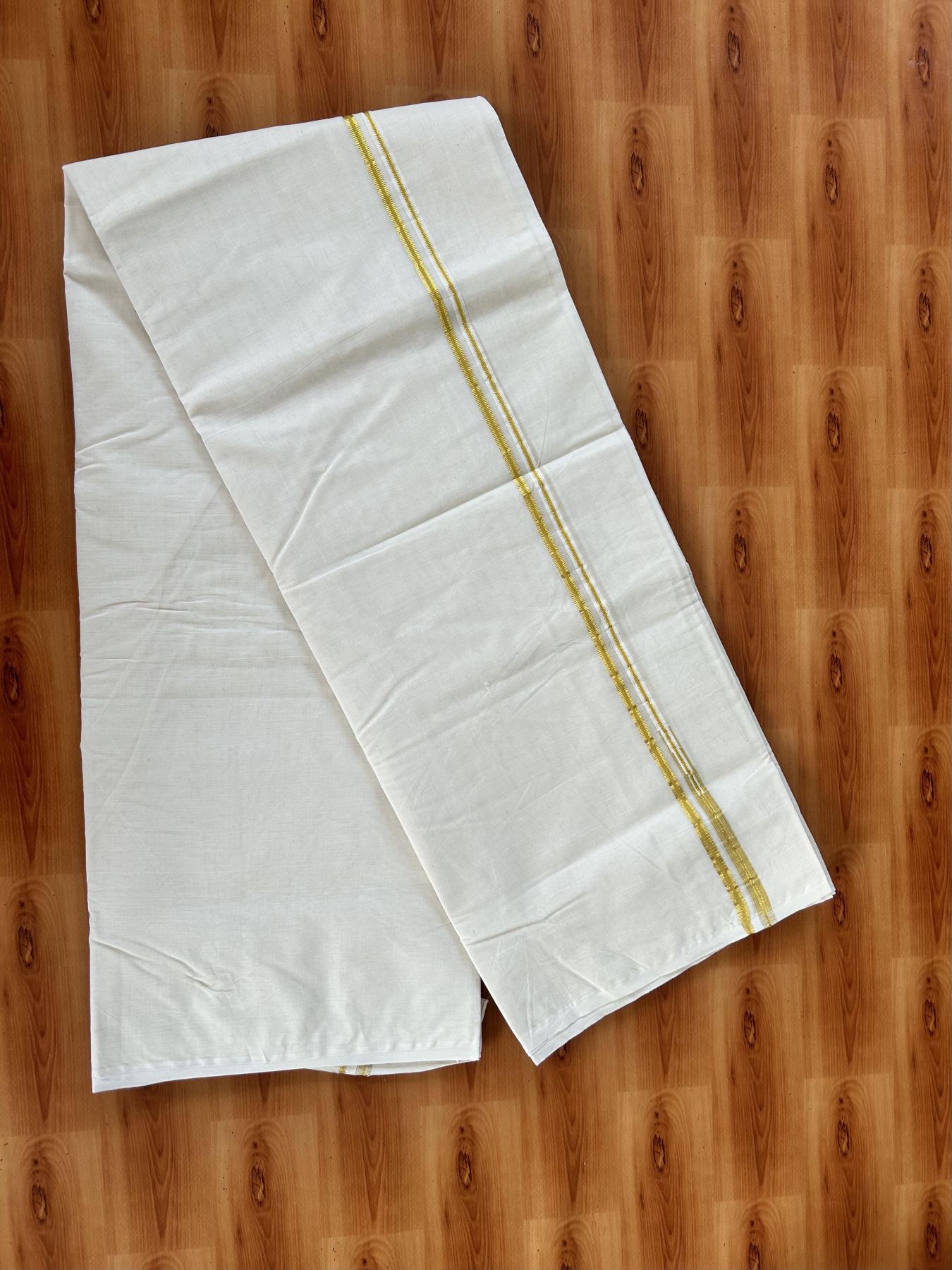 Double Off white Mundu/Dhoti - 20% Discount! KaithariKada 100% Cotton - 100x100 - 1 cm Puliyilakkara Gold Kasav & Mustard Yellow Chutty Kara 4 mtr (8.5 muzham) - 5 KK5453 ASH