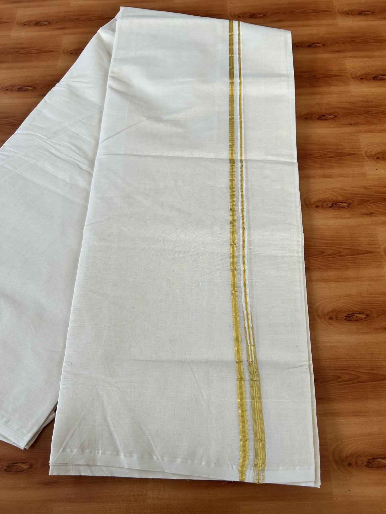 Double Off white Mundu/Dhoti - 20% Discount! KaithariKada 100% Cotton - 100x100 - 1 cm Puliyilakkara Gold Kasav & Mustard Yellow Chutty Kara 4 mtr (8.5 muzham) - 5 KK5453 ASH