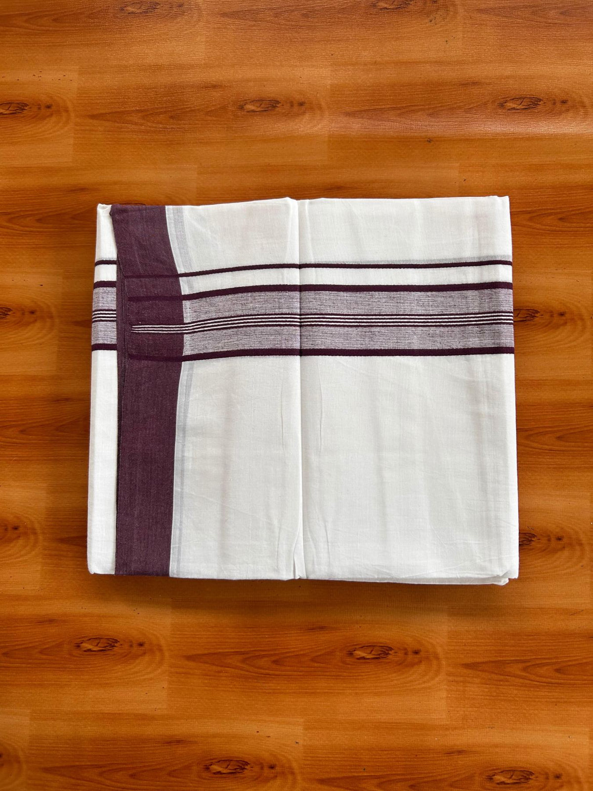 Double Pure White Mundu/Dhoti -20% Discount! KaithariKada 100% Cotton - 100x80 - 1.75 Inch Dark Purple Shaded Striped Kara - 3.80 mtr (8 muzham) - 22 KK5519 PMC