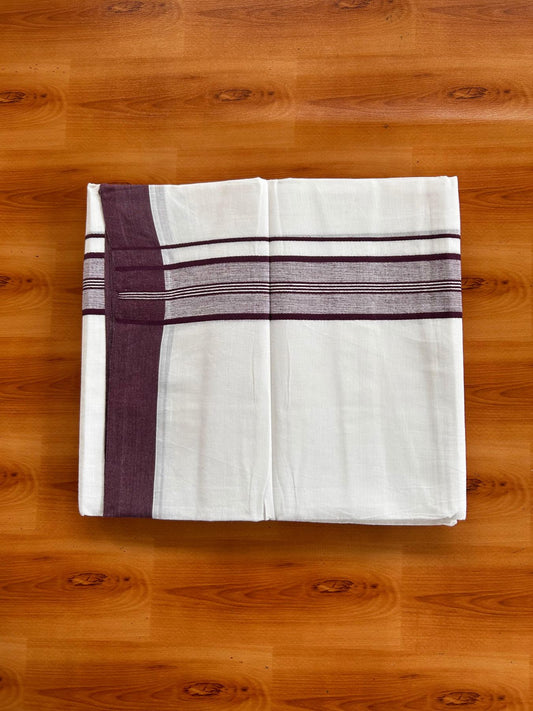 Double Pure White Mundu/Dhoti -20% Discount! KaithariKada 100% Cotton - 100x80 - 1.75 Inch Dark Purple Shaded Striped Kara - 3.80 mtr (8 muzham) - 22 KK5519 PMC