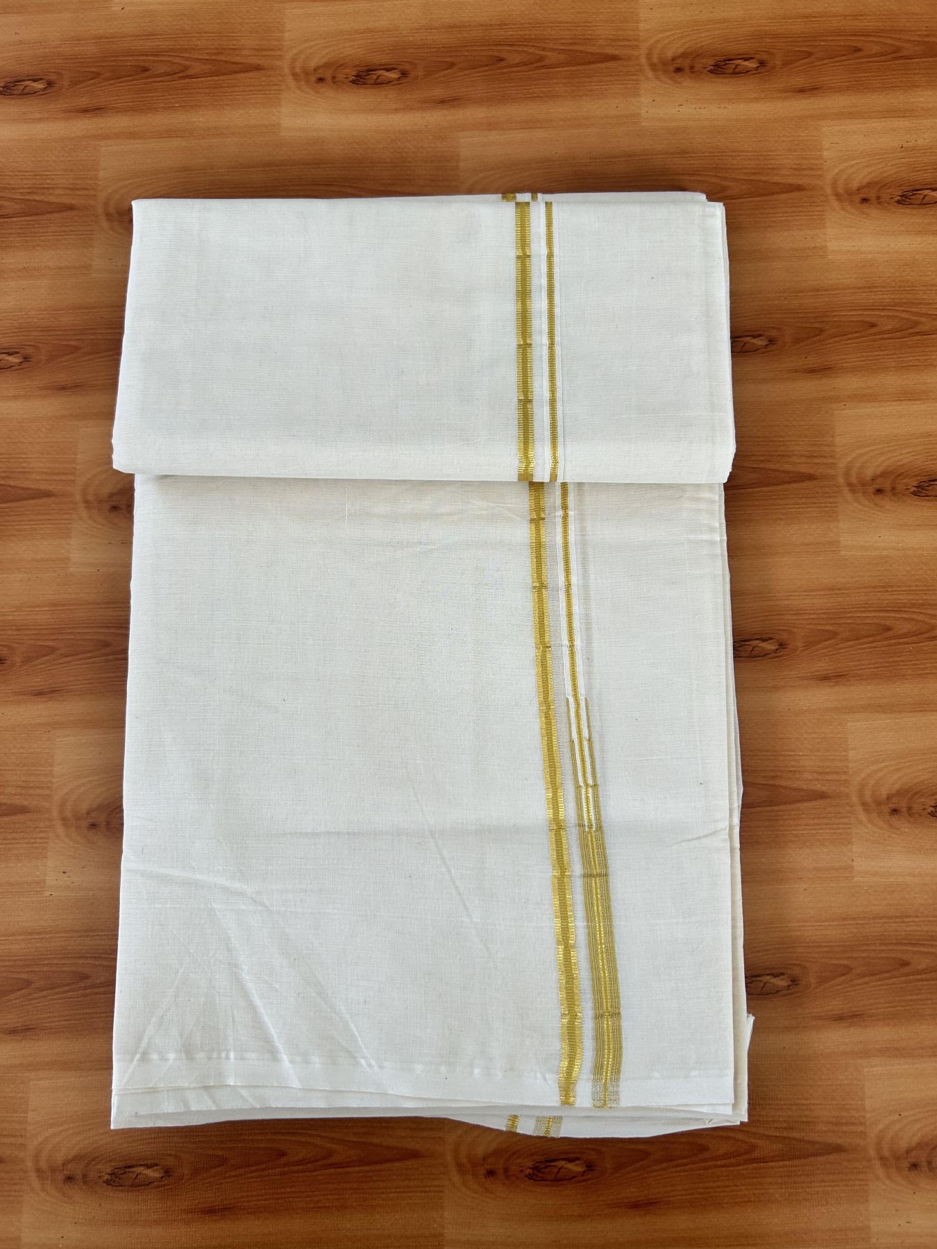 Double Off white Mundu/Dhoti - 20% Discount! KaithariKada 100% Cotton - 100x100 - 1 cm Puliyilakkara Gold Kasav & Mustard Yellow Chutty Kara 4 mtr (8.5 muzham) - 5 KK5453 ASH
