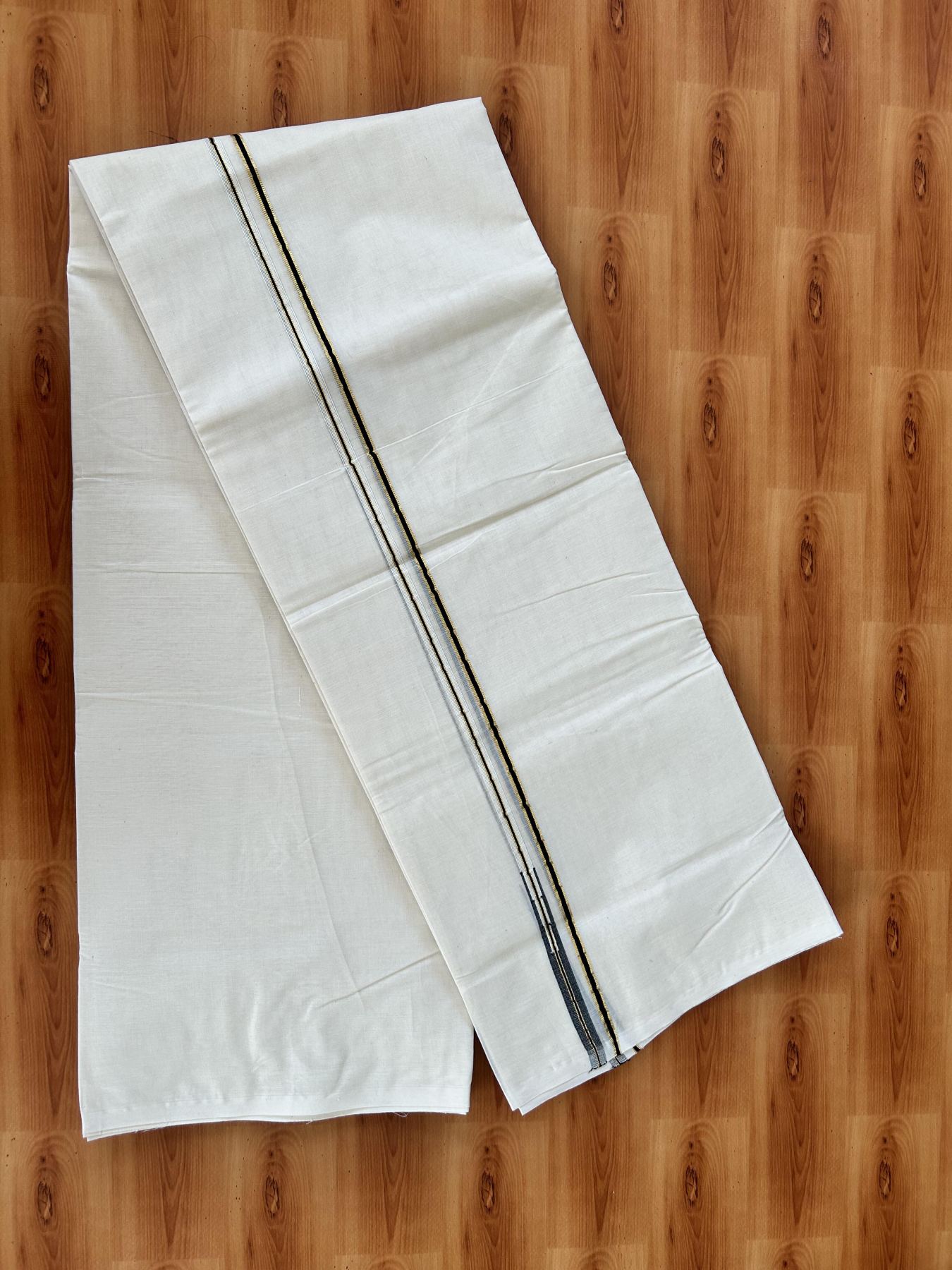 Double Off white Mundu/Dhoti - 20% Discount! KaithariKada 100% Cotton - 100x100 - 1 cm Puliyilakkara Gold Kasav & Black Chutty Kara 4 mtr (8.5 muzham) - 6 KK5453 ASH