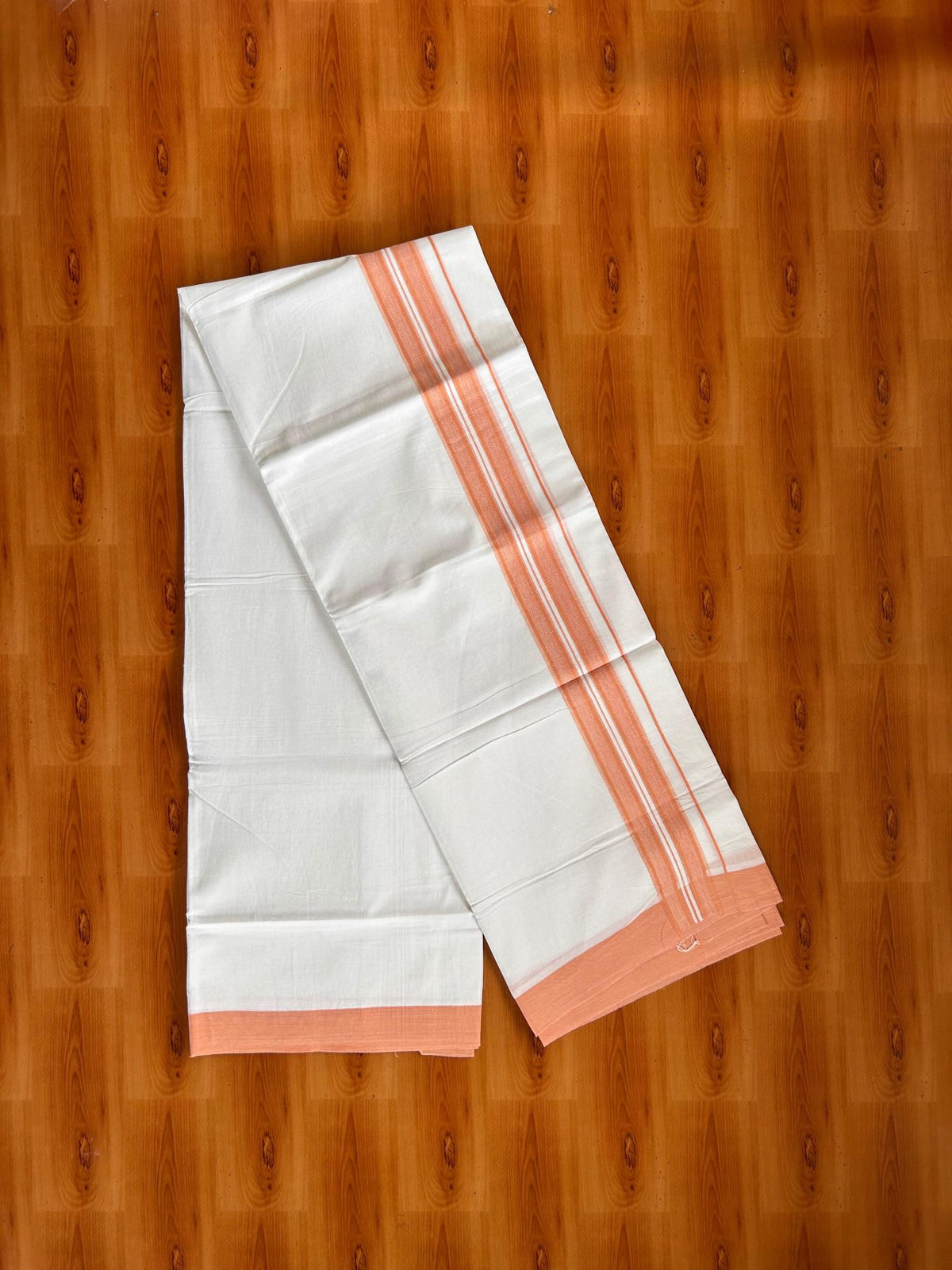 Double Pure White Mundu/Dhoti -20% Discount! KaithariKada 100% Cotton - 100x80 - 1.75 Inch Pumpkin Orange Shaded Striped Kara - 3.80 mtr (8 muzham) - 23 KK5519 PMC