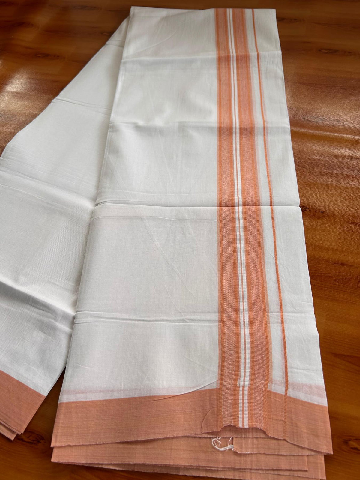 Double Pure White Mundu/Dhoti -20% Discount! KaithariKada 100% Cotton - 100x80 - 1.75 Inch Pumpkin Orange Shaded Striped Kara - 3.80 mtr (8 muzham) - 23 KK5519 PMC