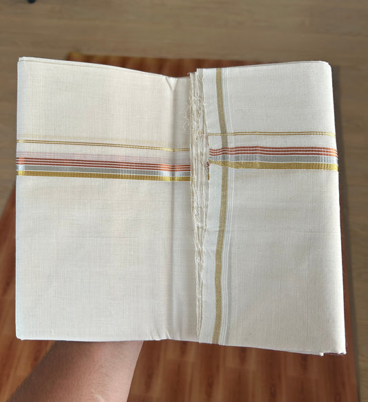 25% Discount! KaithariKada Kerala Handloom Millpaav - 100% Pure Cotton Off White (Unbleached) Double Mundu/Dhoti - 0.5 inch Gold Silver Kasav & Copper Kasav Striped Kara 3.80 (8.14 Muzham) - 36 KK5380 SOM