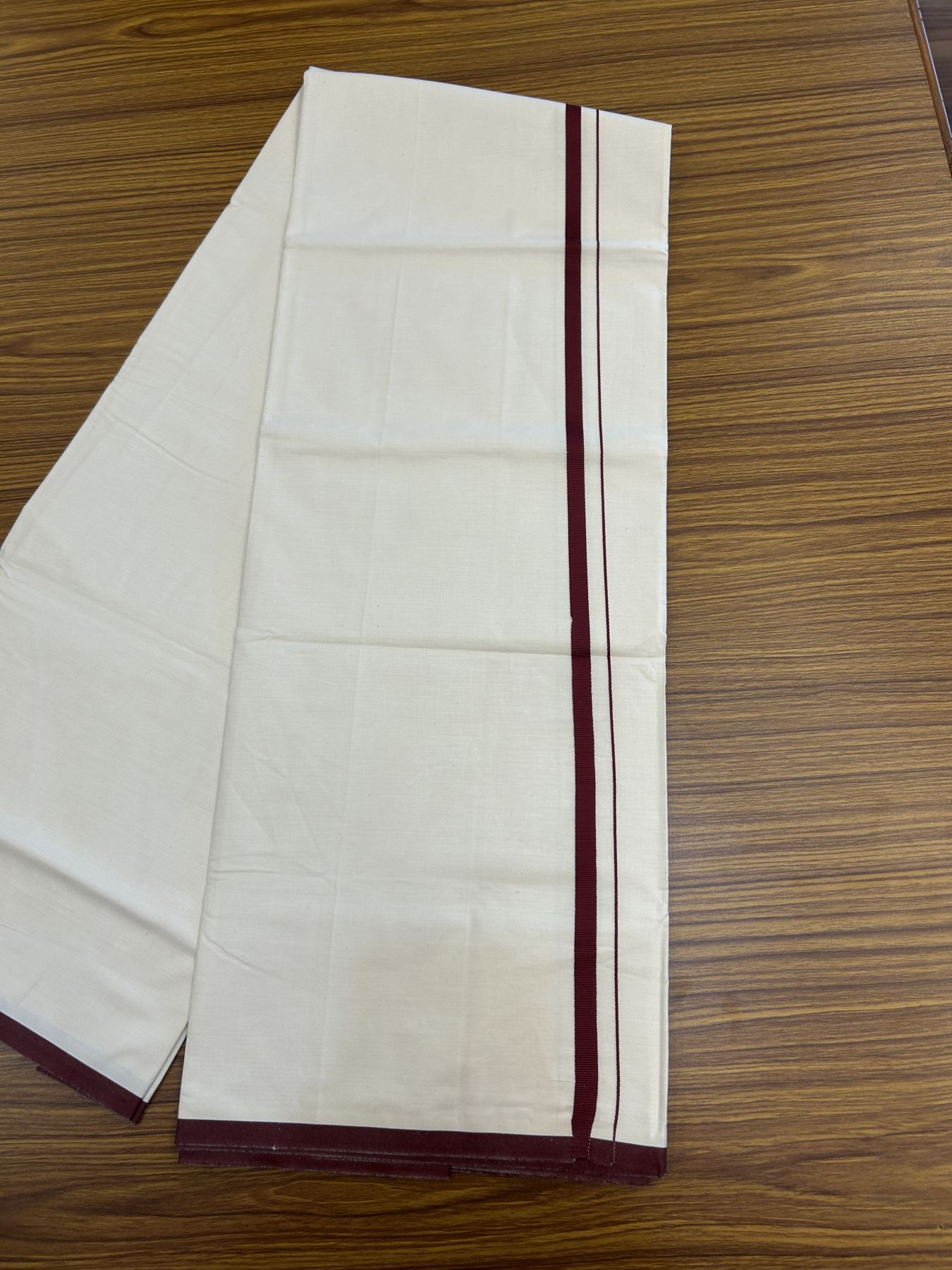 10% Discount ! KaithariKada Balaramapuram 100% Cotton Single Off white (Unbleached) Mundu/Dhoti - 40s - 1 cm Maroon Kara (2 meter / 4 muzham) - 1 KK5339 MC